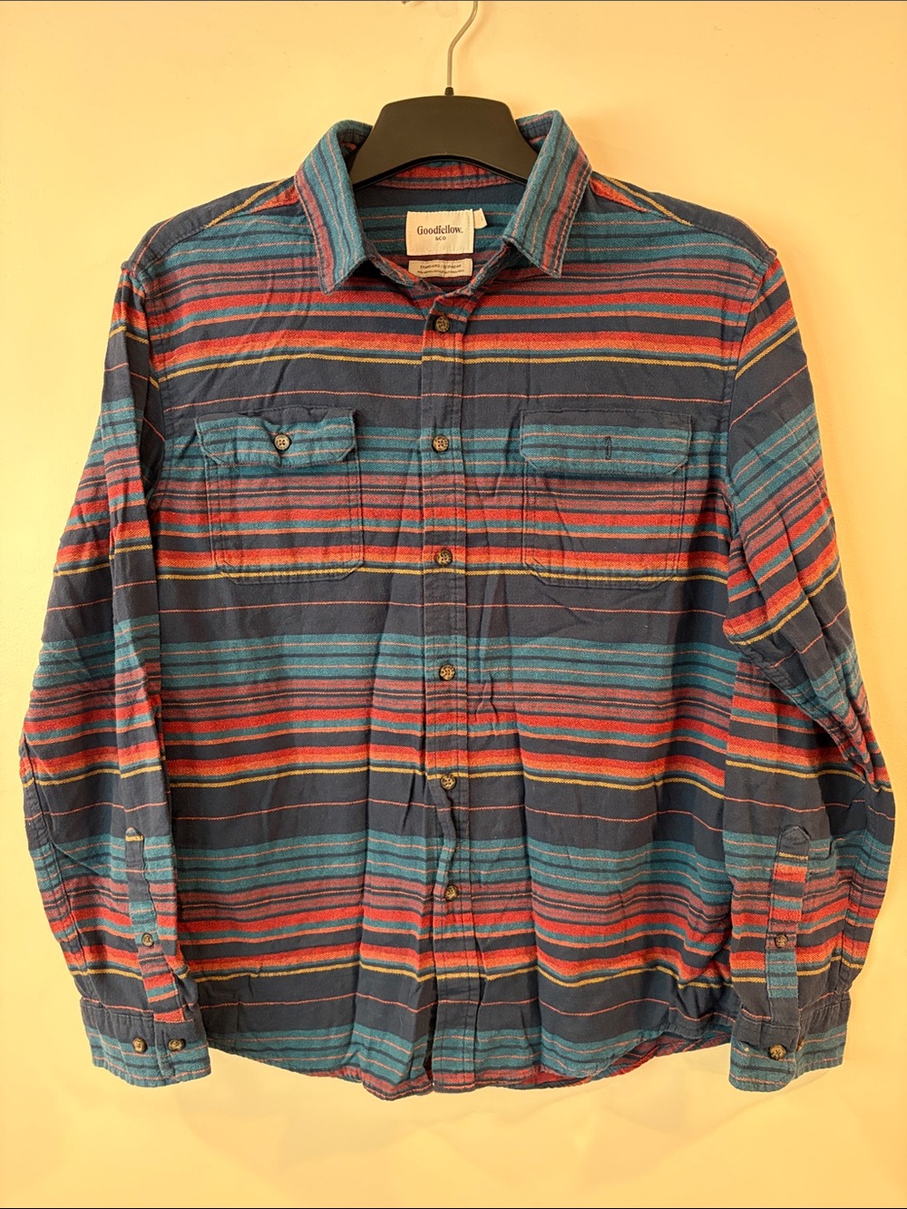 Goodfellow & Co Navy Striped Button-Down Shirt with Red & Teal Accents